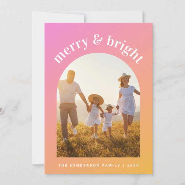 Pink Orange Merry Bright Photo Arched Frame Holiday Card (Front)