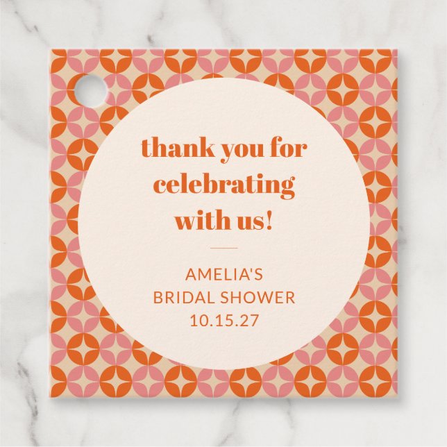 Pink Orange Mid Century Custom Bridal Shower Thank Favor Tags (Front)
