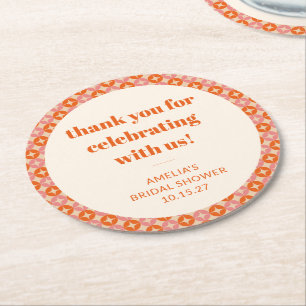 Pink Orange Mid Century Custom Bridal Shower Thank Round Paper Coaster