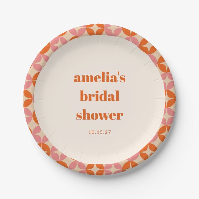 Pink Orange MidCentury Modern Custom Bridal Shower Paper Plates (Front)