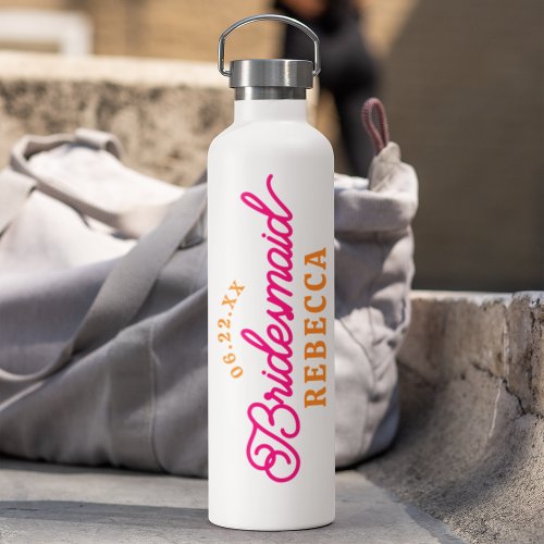 Pink Orange Minimalist Bridesmaid Water Bottle 