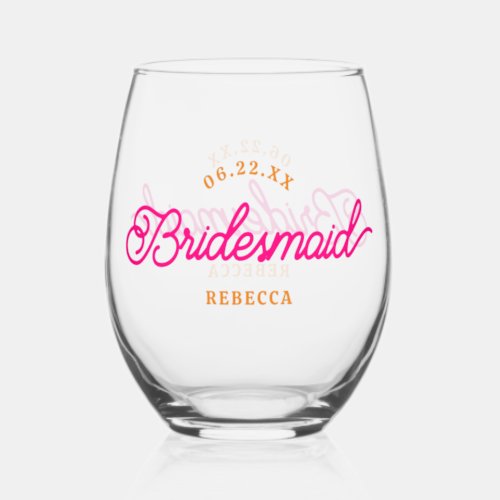 Pink Orange Modern Custom Minimalist Bridesmaid Stemless Wine Glass
