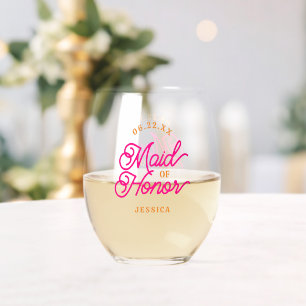 Pink Orange Modern Minimalist Maid of Honor Stemless Wine Glass