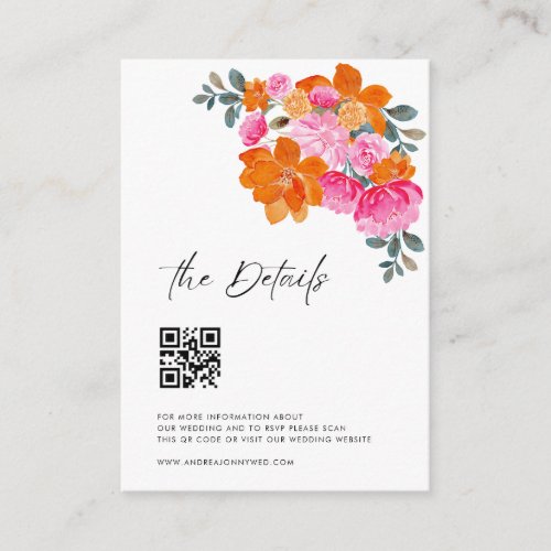 Pink Orange Modern Script QR Code Wedding Details Enclosure Card
