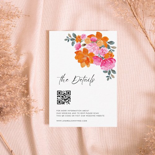 Pink Orange Modern Script QR Code Wedding Details Enclosure Card