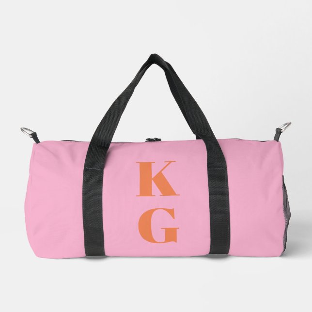 Pink Orange Monogram Initials Preppy Personalized Duffle Bag (Front)