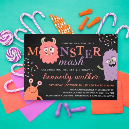 Pink Orange Monster Mash Halloween Party Invitation