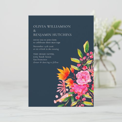 Pink Orange Navy Watercolor Flowers Modern Wedding Invitation