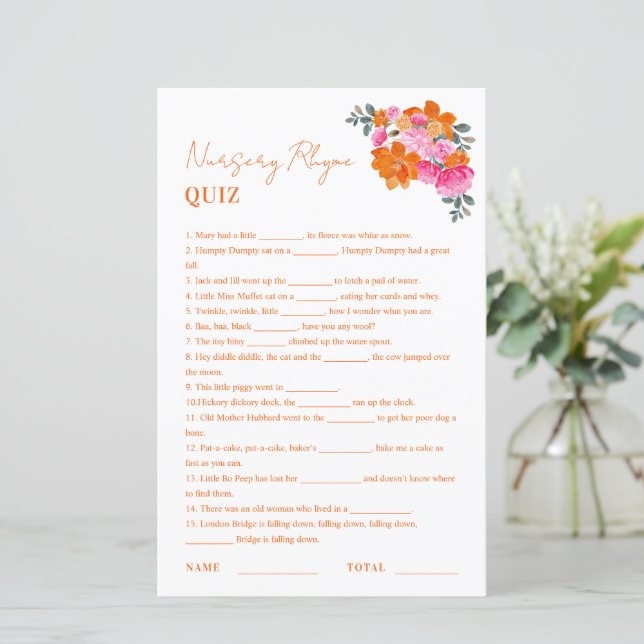Pink Orange Nursery Rhyme Quiz Baby Shower Game (Standing Front)