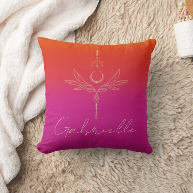 Pink & Orange Ombre Gold Glitter Celestial Name Throw Pillow (Blanket)