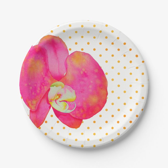 Pink orange Orchid watercolor painting  Paper Plates (Front)