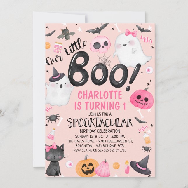 Pink Orange Our Little Boo Halloween Birthday Invitation (Front)