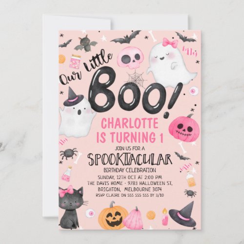 Pink Orange Our Little Boo Halloween Birthday Invitation