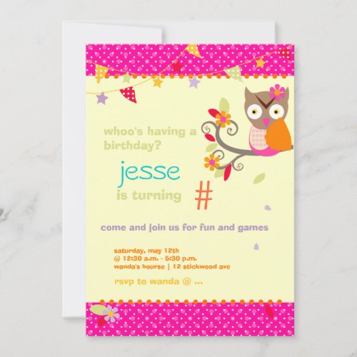 Pink  Orange Owl Personalized Birthday Party Invitation