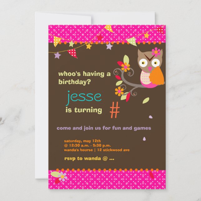 Pink / Orange Owl Personalized Birthday Party Invitation (Front)