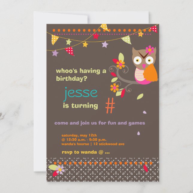 Pink / Orange Owl Personalized Birthday Party Invitation (Front)