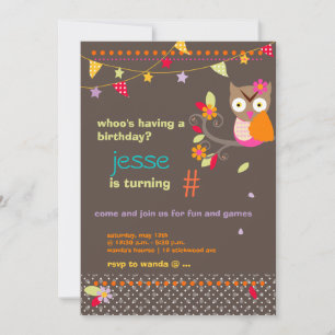 Pink / Orange Owl Personalized Birthday Party Invitation
