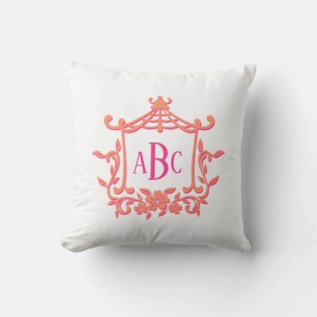 Pink Orange Pagoda Flower Frame Monogram Initials Throw Pillow (Front)