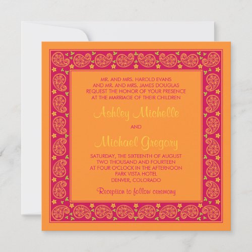 Pink Orange Paisley Floral Wedding Invitation