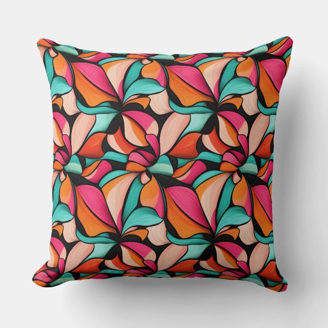 Pink, Orange & Pale Jade Floral Design Throw Pillow (Front)