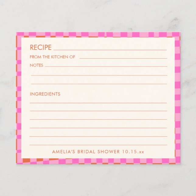 Pink Orange Personalized Bridal Shower Recipe Card (Front)