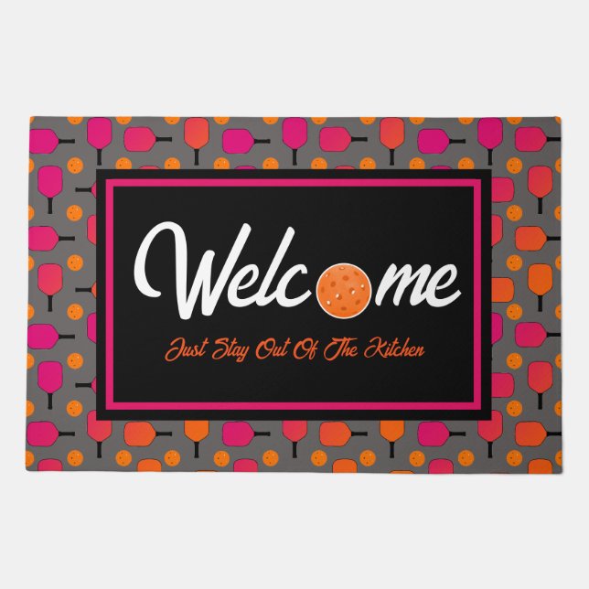 Pink, Orange Pickleball Paddles Pickleball Welcome Doormat (Front)