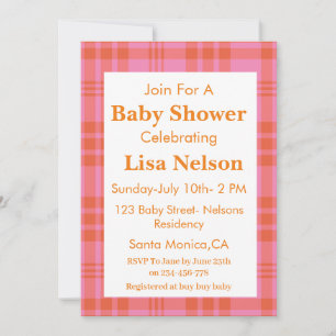 Pink Orange Plaid Gingham Checkered  Baby Shower  Invitation