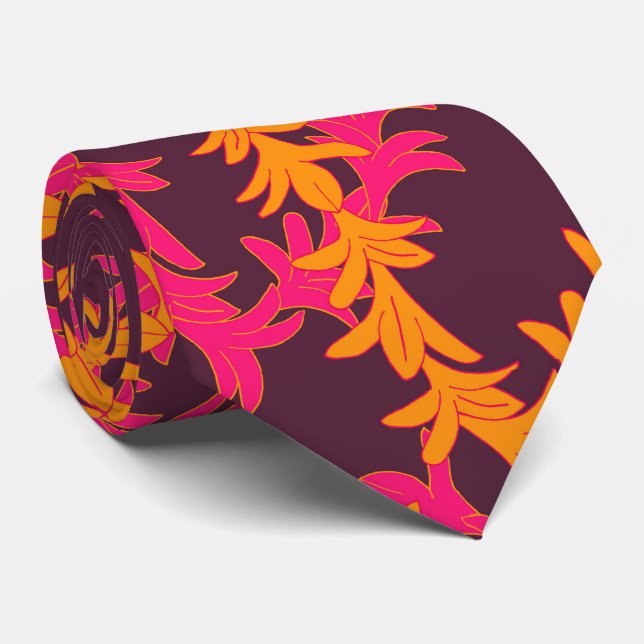 Pink Orange Plumeria Pattern Beach Wedding Neck Tie (Rolled)