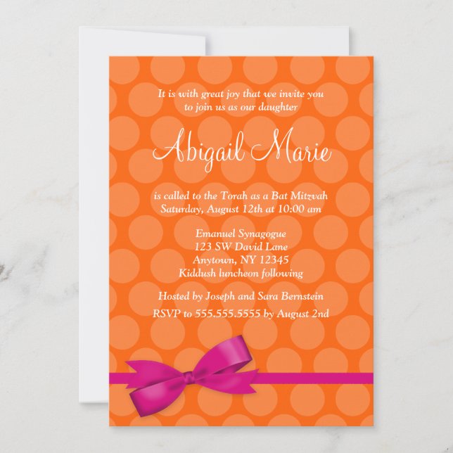Pink Orange Polka Dot Bow Bat Mitzvah Invitations (Front)