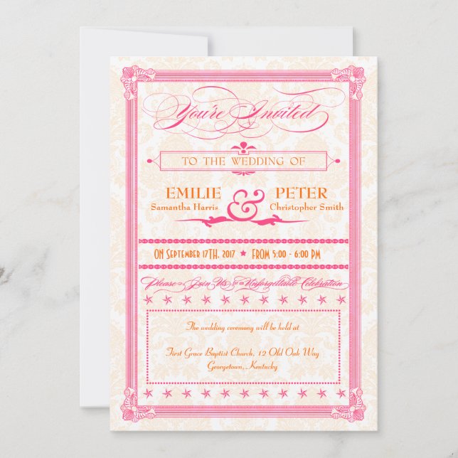 Pink & Orange Poster-Style Wedding Invite (Front)