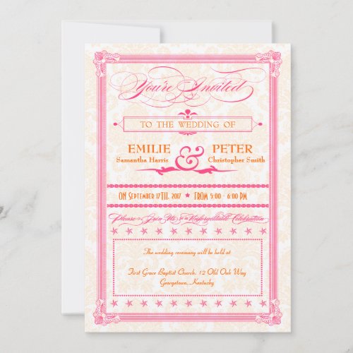 Pink &amp; Orange Poster-Style Wedding Invite