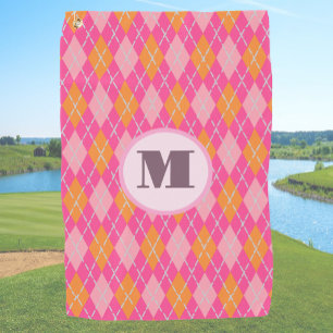 Pink orange preppy argyle custom monogram ladies golf towel