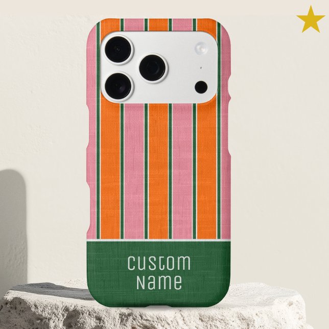 Pink Orange Preppy Bold Stripes Custom Name  iPhone Case (Creator Uploaded)