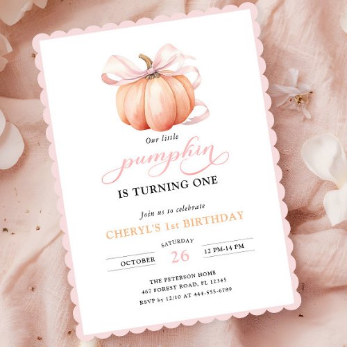 Pink Orange Pumpkin Bow Girl First Birthday Invitation