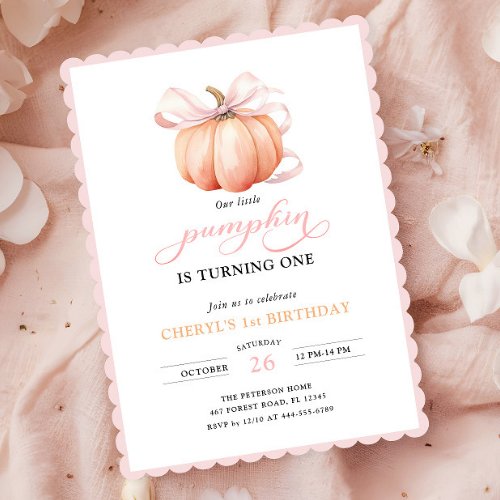 Pink Orange Pumpkin Bow Girl First Birthday Invitation