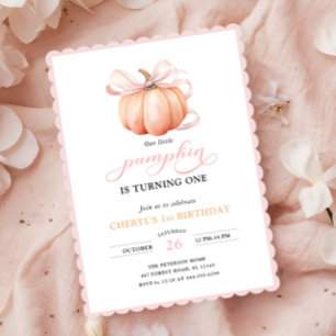 Pink Orange Pumpkin Bow Girl First Birthday Invitation