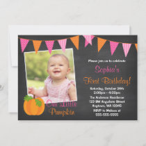 Pink Orange Pumpkin Chalkboard Girl Photo Birthday Invitation