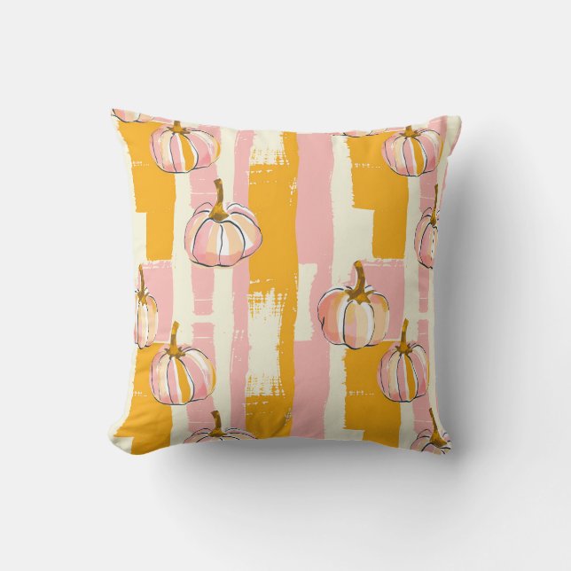 Pink Orange Pumpkin Fall Abstract Modern Striped Throw Pillow (Front)