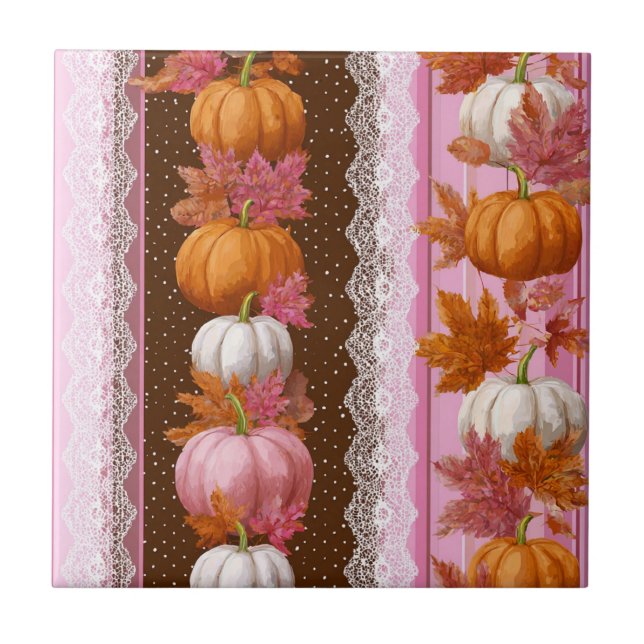 Pink Orange Pumpkin Floral Fall Pattern Ceramic Tile (Front)