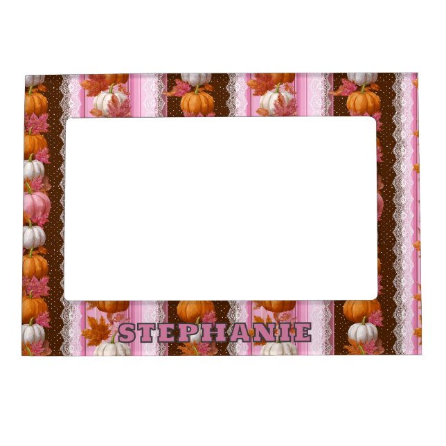 Pink Orange Pumpkin Floral Fall Pattern Magnetic Frame (Front)