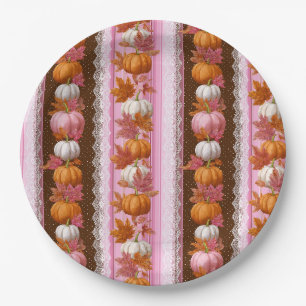 Pink Orange Pumpkin Floral Fall Pattern Paper Plates