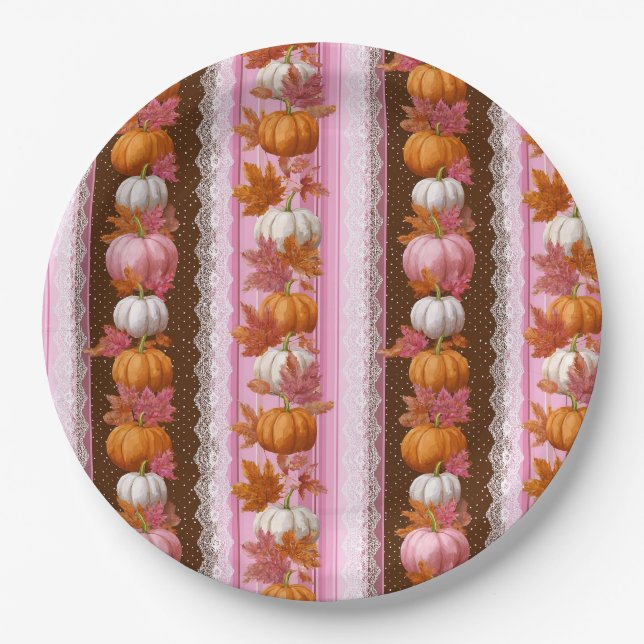 Pink Orange Pumpkin Floral Fall Pattern Paper Plates (Front)