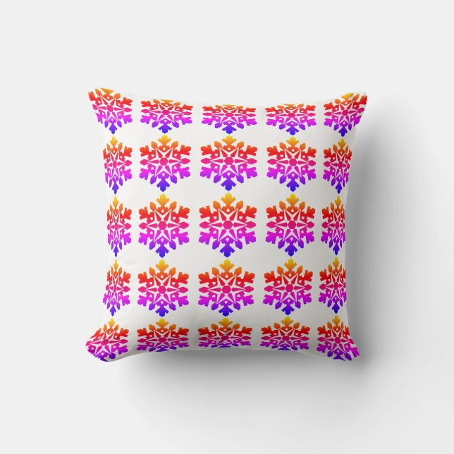 Pink, orange, purple, blue snowflake throw pillow (Front)