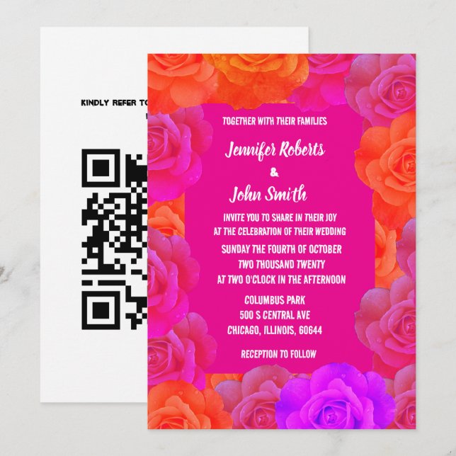 Pink Orange Purple Floral QR Code Roses Wedding Invitation (Front/Back)