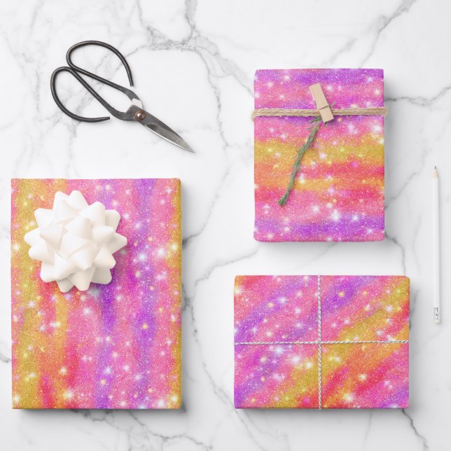 Pink Orange Purple Glitter Sparkle Pattern Wrapping Paper Sheets (Front)