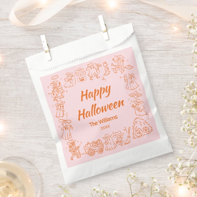 Pink Orange Quirky Hand Drawn Doodles Halloween Favor Bag (Clipped)