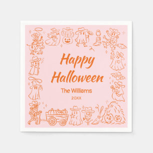 Pink Orange Quirky Hand Drawn Doodles Halloween Napkins