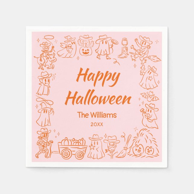 Pink Orange Quirky Hand Drawn Doodles Halloween Napkins (Front)