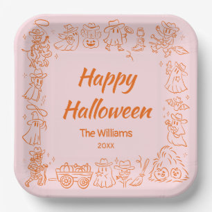 Pink Orange Quirky Hand Drawn Doodles Halloween Paper Plates