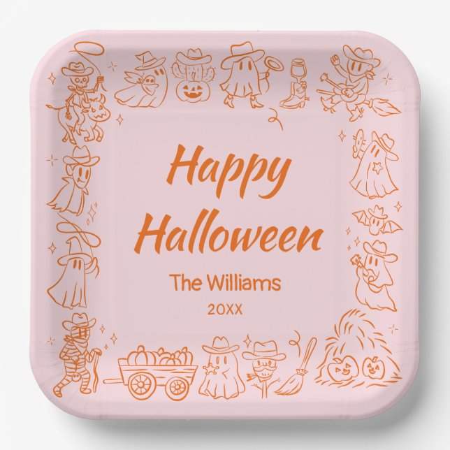 Pink Orange Quirky Hand Drawn Doodles Halloween Paper Plates (Front)